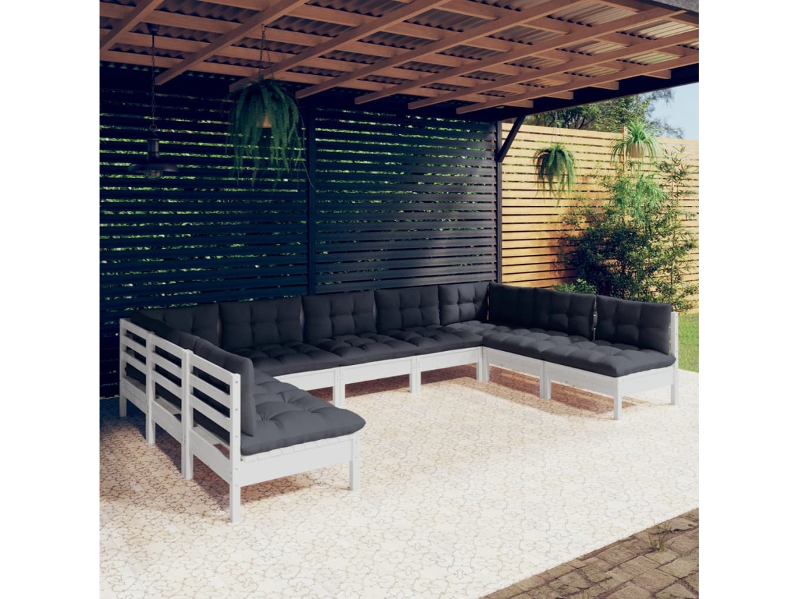 Conjunto de jardín de 9 piezas con cojines, pino macizo blanco, DKD Home Decor