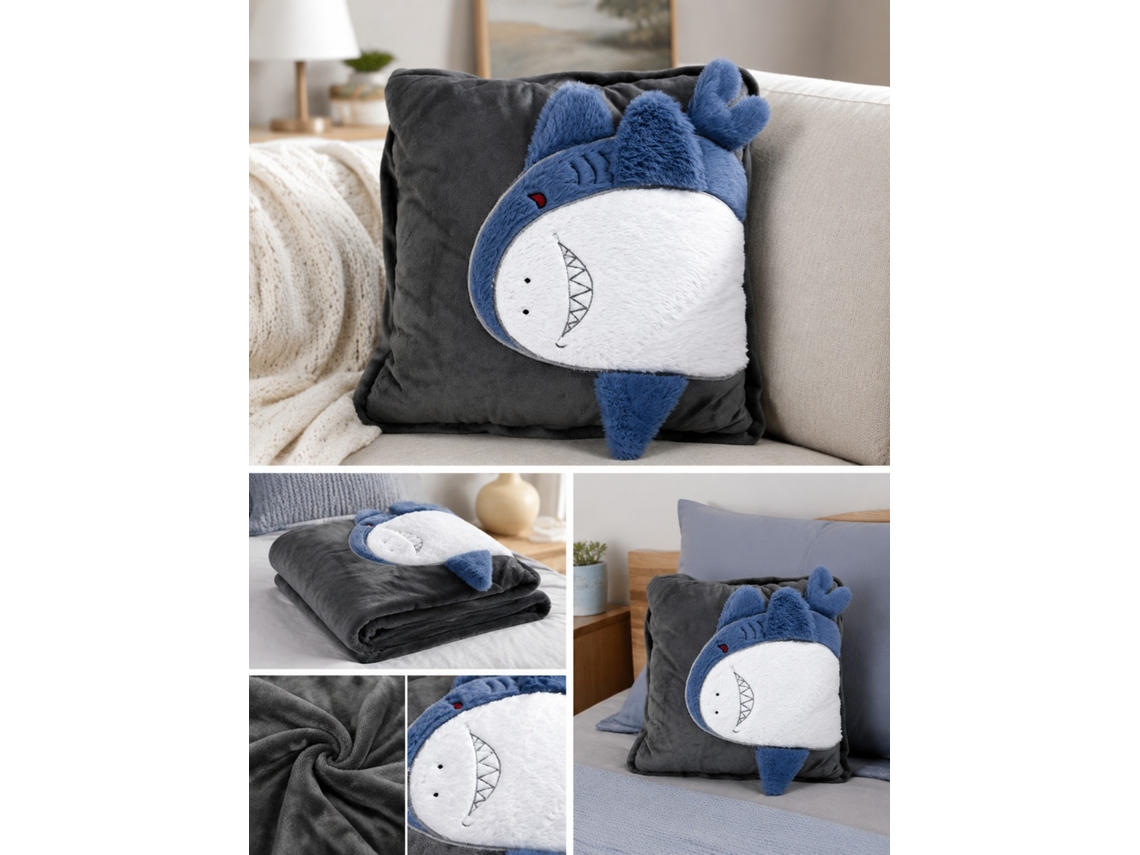 Almohada Manta Tiburón Gris Oscuro Peluche 38x38cm