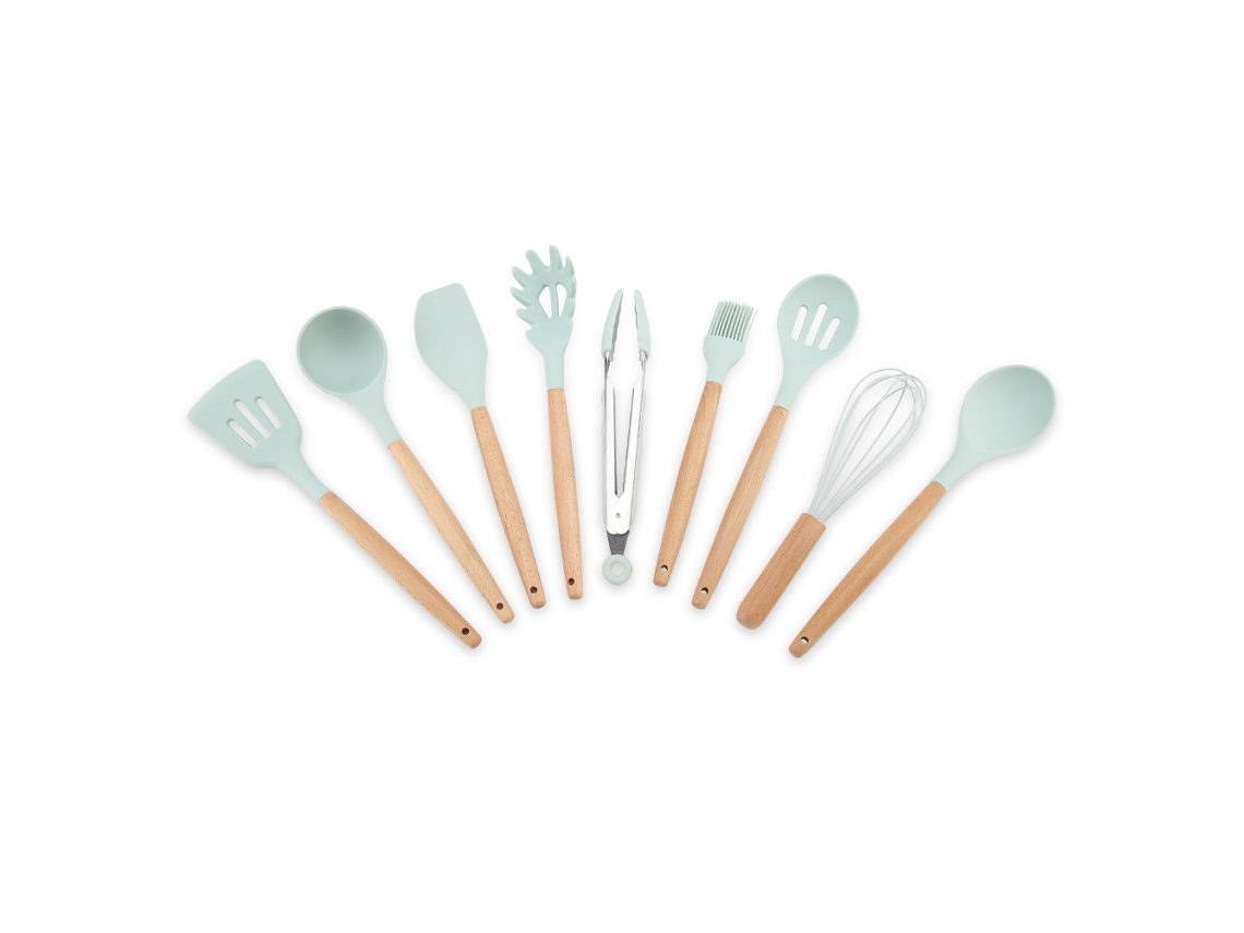 Juego De 9 Utensilios De Cocina De Silicona Azul Con Mangos De Madera Resistentes Al Calor.