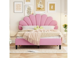 Cama Doble Tapizada En Terciopelo - 140x200 Cm - Cabecero En Forma De Flor - Con Somier De Láminas - Rosa