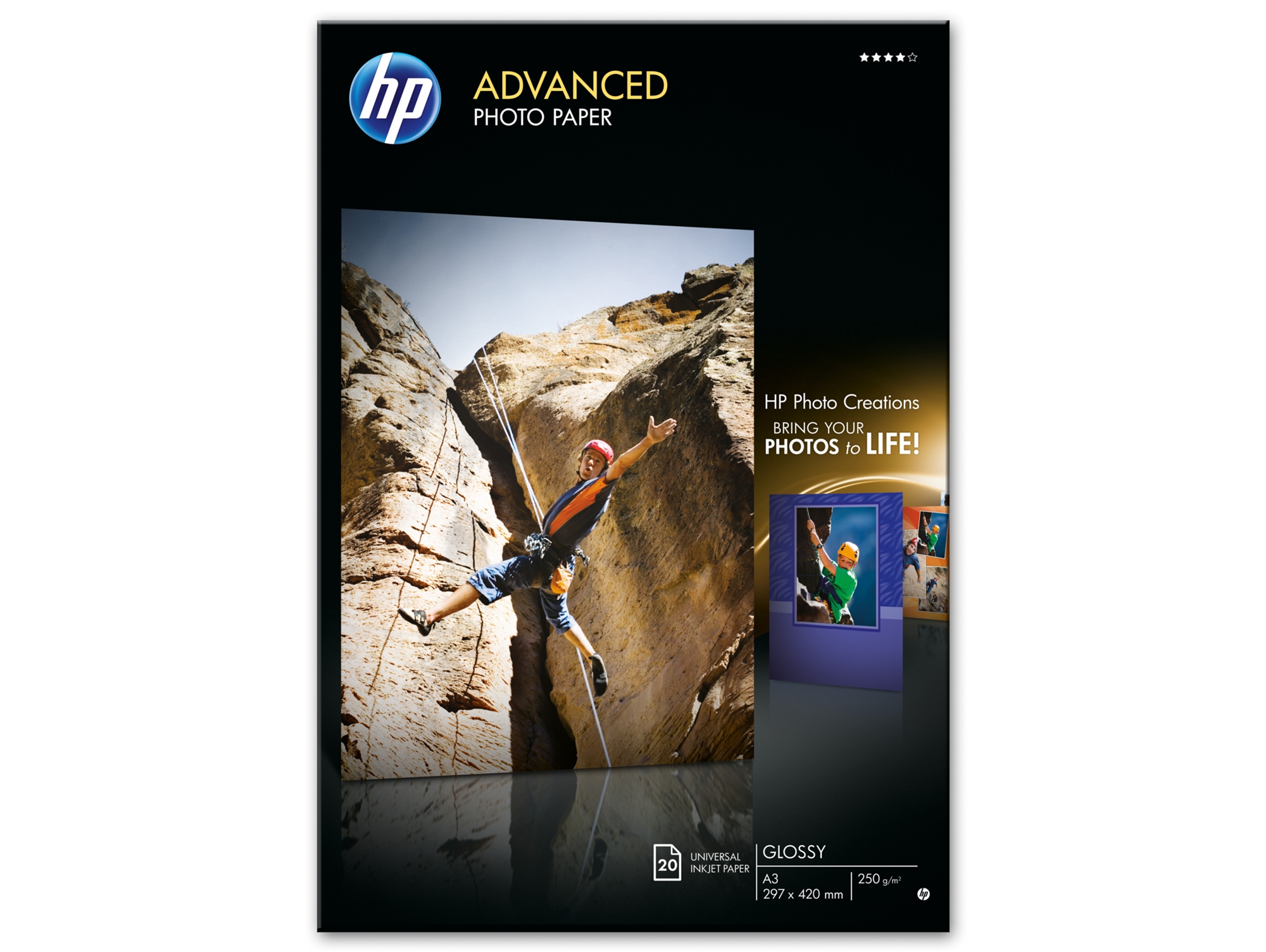 Papel fotográfico con brillo HP Advanced 250 gramos/m²- 20 hojas/A4/297 x 420 mm (Q8697A)
