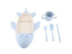 JILLIOPER Juego de vajilla infantil con forma de avión. Incluye plato, vaso, tenedor, palillos y cuchara en color azul. Ideal para enseñar a los niños a usar di