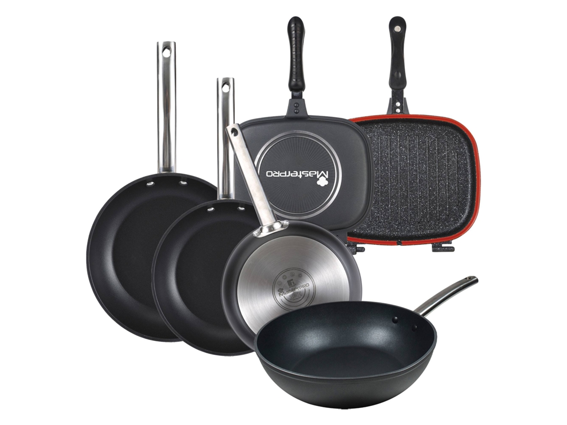 Juego de sartenes de aluminio + wok + sartén doble en color negro.