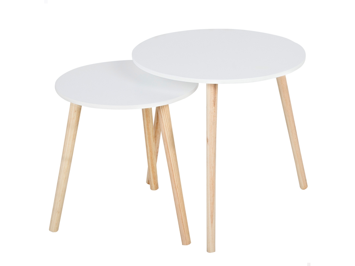 Juego de 2 mesas auxiliares redondas de madera blanca Max Home, de 40x44 cm y 50x50 cm de diámetro.