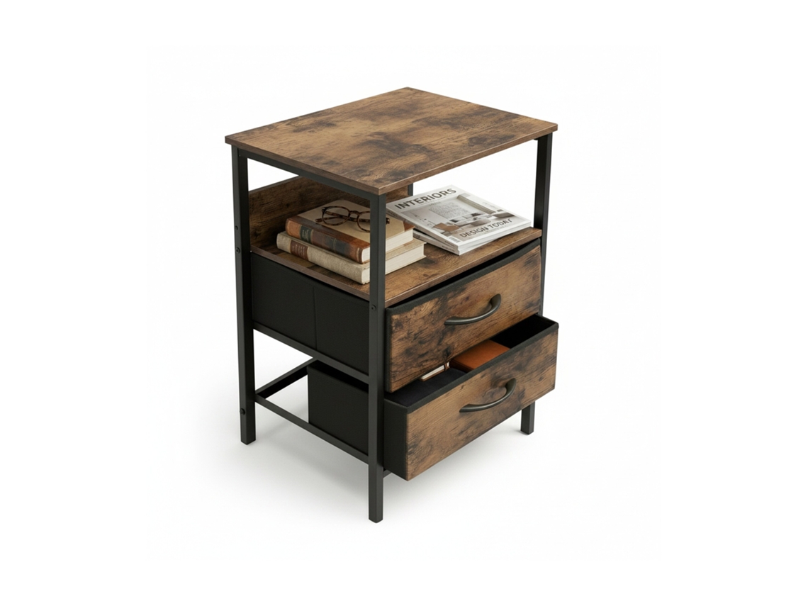 Mesa Auxiliar Relaxdays Con Enchufe Y Puertos Usb, 2 Cajones, 60 X 40 X 30 Cm, Mesita De Noche, Marrón/negro