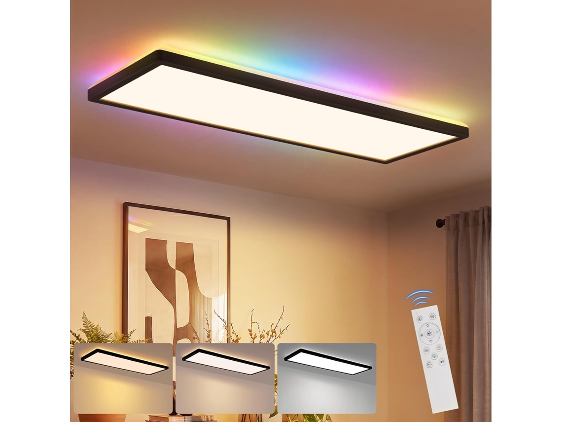 Zmh Lámpara De Techo Led Rectangular Regulable Rgb Negra De 58x20cm Y 22w Con Mando Para Taller Pasillo Cocina Y Sala De Estar