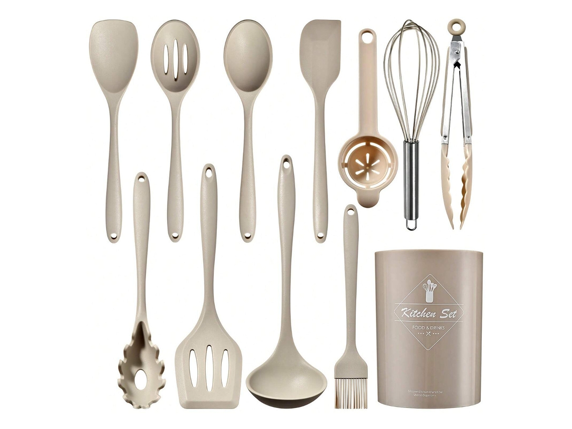 Juego de utensilios de cocina de silicona, aptos para sartenes antiadherentes, 12 piezas. Color caqui. Silicona (libre de BPA).