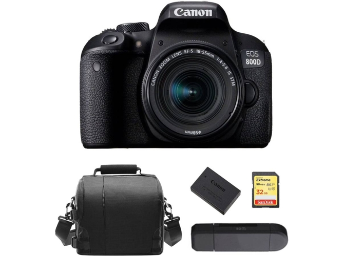 Kit Cámara Réflex CANON EOS 800D EF-S 18-55mm F4-5.6 IS STM + SD de 32GB + Bolsa + LP-E17 + Lector de Tarjetas