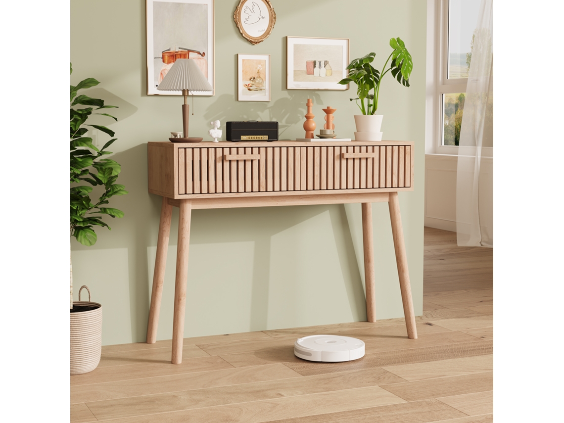 Consola De Entrada De Madera Maciza Natural Con 2 Cajones Y Sistema Antivuelco