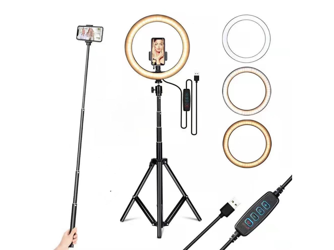 Anillo de luz con trípode, anillo de luz para selfies de 10 pulgadas, anillo de luz LED regulable para maquillaje en vivo