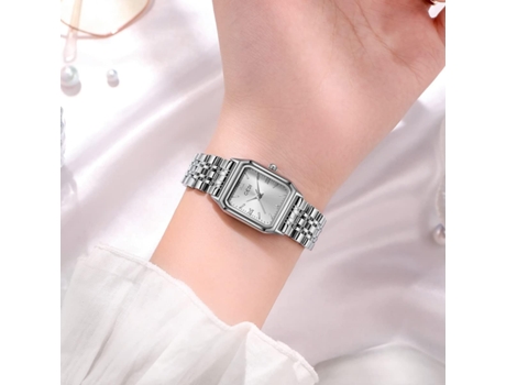 VEANXIN Relojes de pulsera impermeables con correa cuadrada de acero inoxidable para mujer-Negro plata