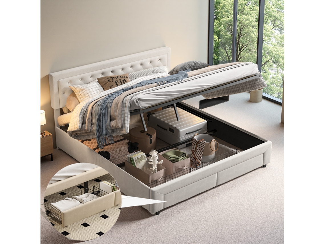 Cama Tapizada, 160x200cm,cama De Matrimonio,cama Con Canapé Hidráulico,2 Cajones,estructura De Cama Minimalista,beige,terciopelo,colchón No Incluido