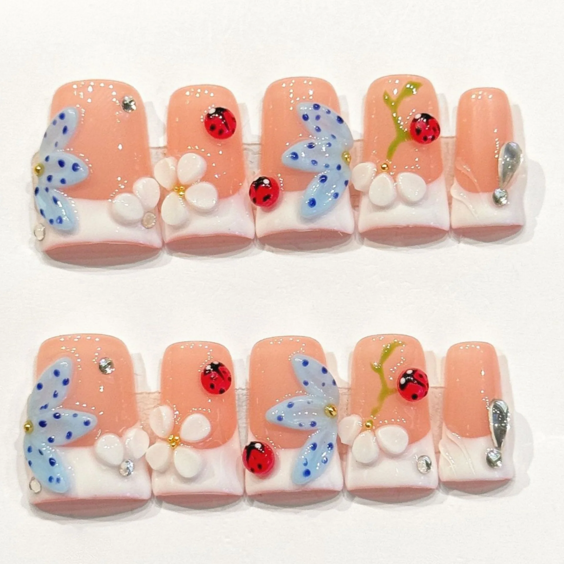 (3295-m) 10 Pegatinas De Uñas Rosas Con Forma De Pico De Pato Para Aplicar A Mano