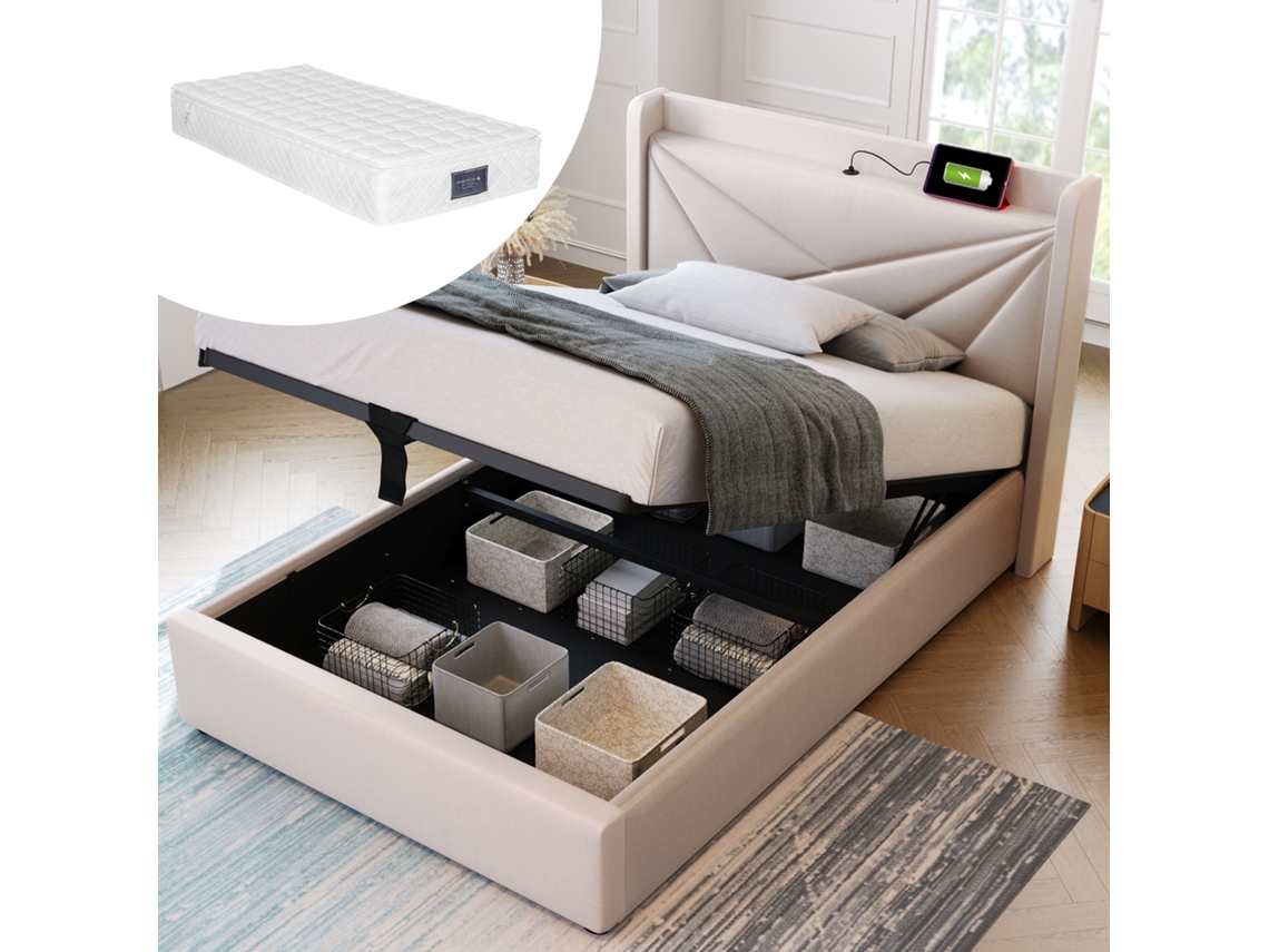 Cama Infantil De 90x200 Cm Con Cabecero, Almacenamiento Usb C Y Somier De Láminas.