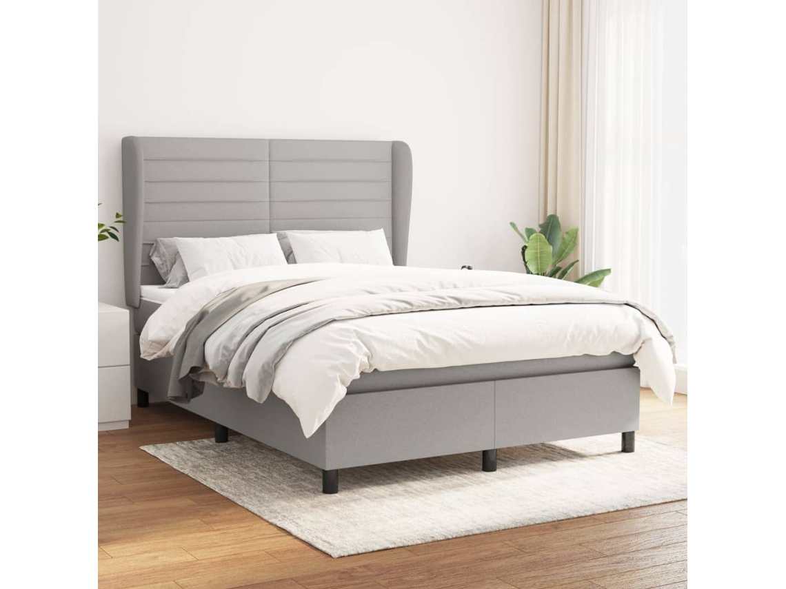 Cama Box Spring Con Colchón Tela Gris Claro 140x190 Cm