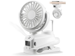 Ventilador silencioso con clip (blanco) - Con pantalla LED - Con función de rociado de agua - 4 velocidades ajustables - Recargable por USB