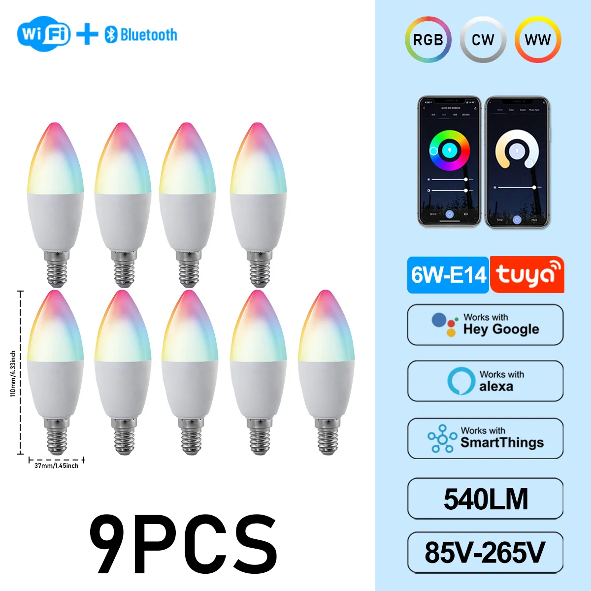 (9 Bombillas, Ac85-265v) Bombillas Led Tipo Vela Graffiti De 6w C37 E14, Control Por Aplicación, Aptas Para Lámparas De Araña De Cristal.