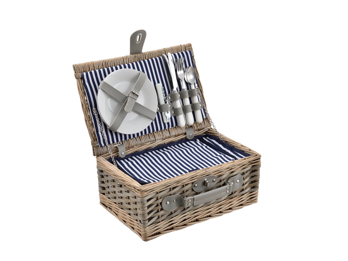 Cesta de picnic para 2 personas con nevera, cubiertos, platos, vasos blanco/azul Casa.pro