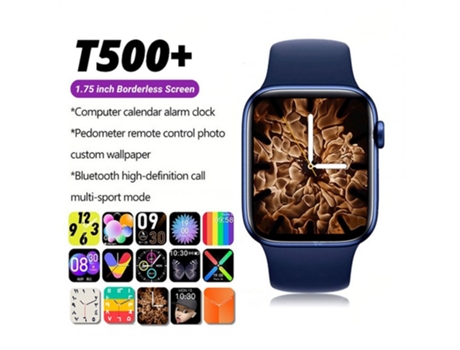 Smartwatch T500+ Llamada Bluetooth Pantalla táctil Música Podómetro Rastreador deportivo Monitoreo Azul