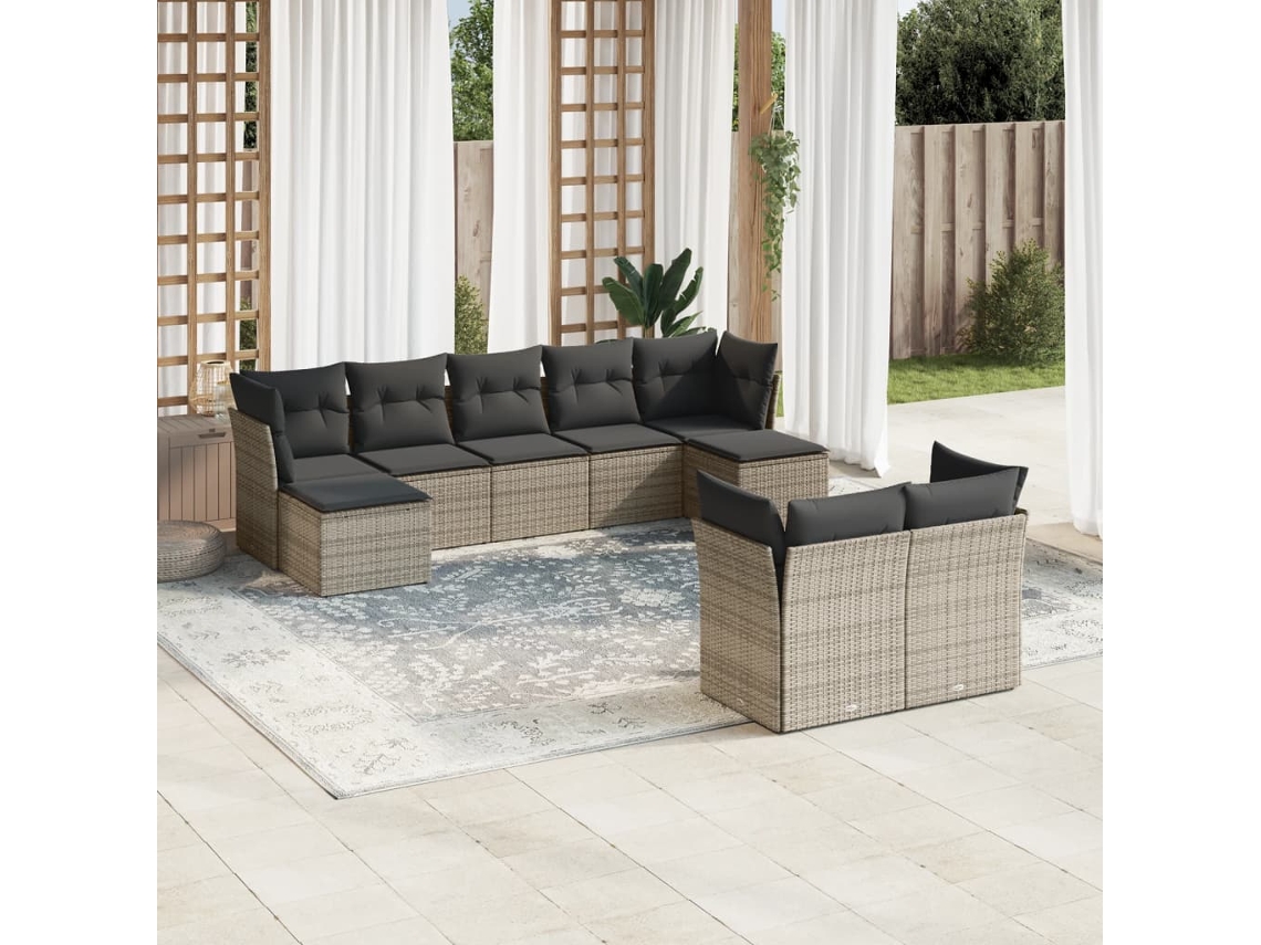 Conjunto de sofá de jardín de 9 piezas con cojines, mimbre gris, DKD Home Decor