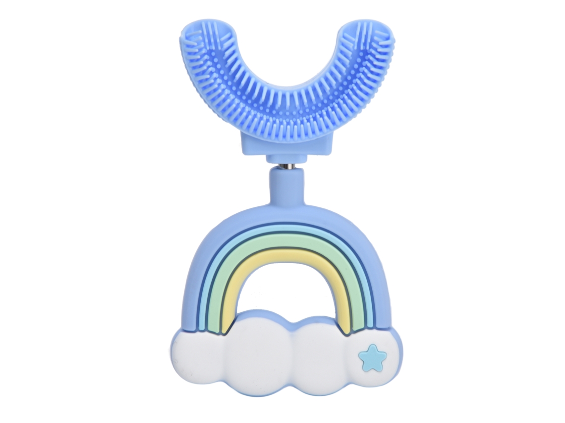 Cepillo De Dientes De Silicona De Grado Alimenticio En Forma De U Con Diseño De Dibujos Animados Para Niños De 2 A 6 Años, Azul