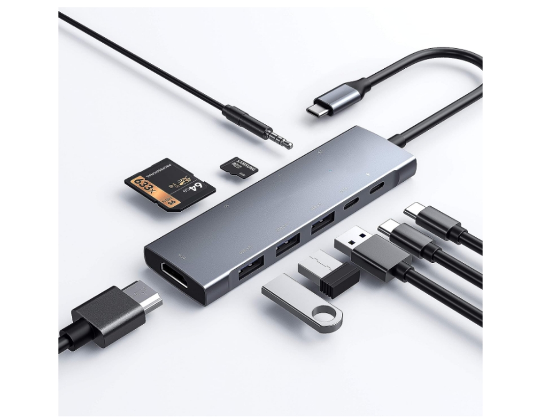 Concentrador USB-C 9 en 1 HDMI 4K, 100 W PD, 3 USB 3.0, lector de tarjetas SD/microSD, 3,5 mm gris Yizhood