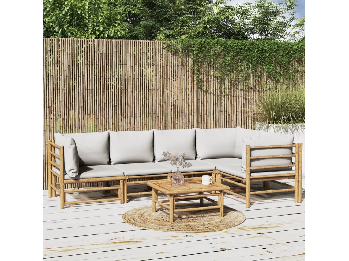 Conjunto de jardín de bambú de 6 piezas con cojines gris claro DKD Home Decor