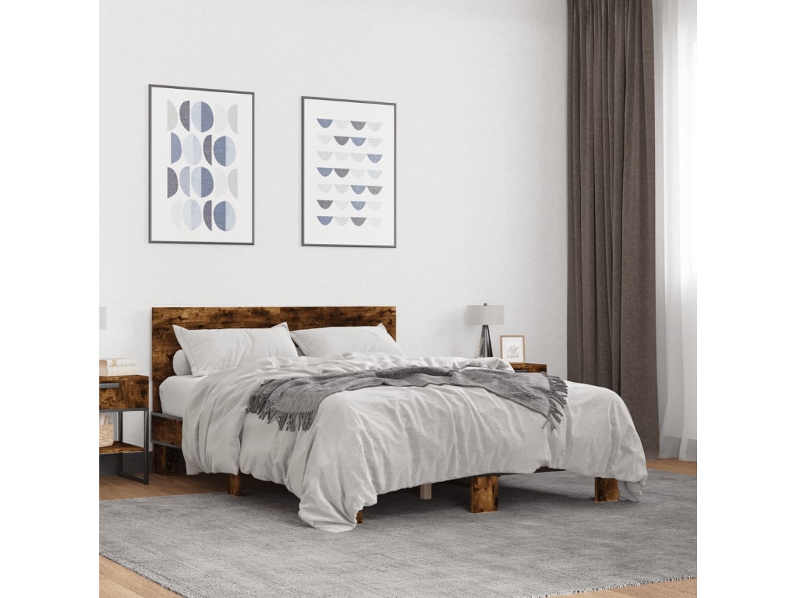 Estructura Cama Madera Ingeniería Metal Roble Ahumado 140x190cm