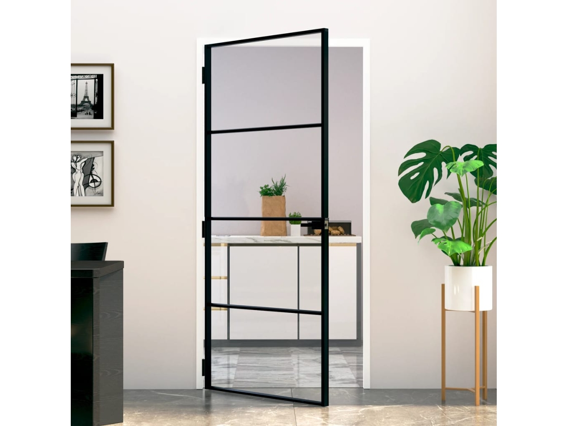 Puerta interior de 93 x 201,5 cm, vidrio templado y aluminio fino negro Wsd600215 Lovely Home