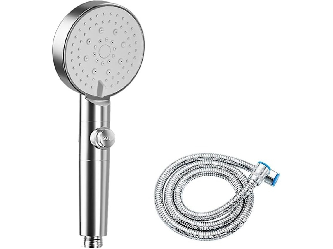Cabezal de ducha de 5 modos de ahorro de agua, ajustable con un solo botón de apagado, alta presión, universal para baño (plata)