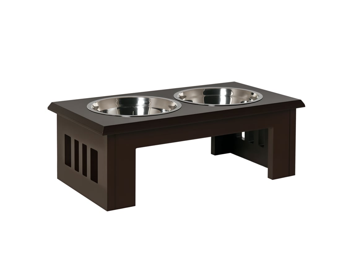 Comederos elevados para perros medianos, soporte de MDF con 2 cuencos de acero inoxidable para comida y agua, color café negro.
