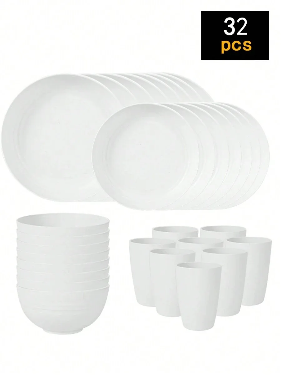 Juego De Cubiertos De Plástico (blanco, 32 Piezas), Que Incluye Platos, Cuencos Y Vasos.