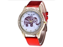 Reloj De Cuarzo Para Mujer Con Correa De Piel Sintética, Estampado De Elefante Con Diamantes De Imitación Rojos.
