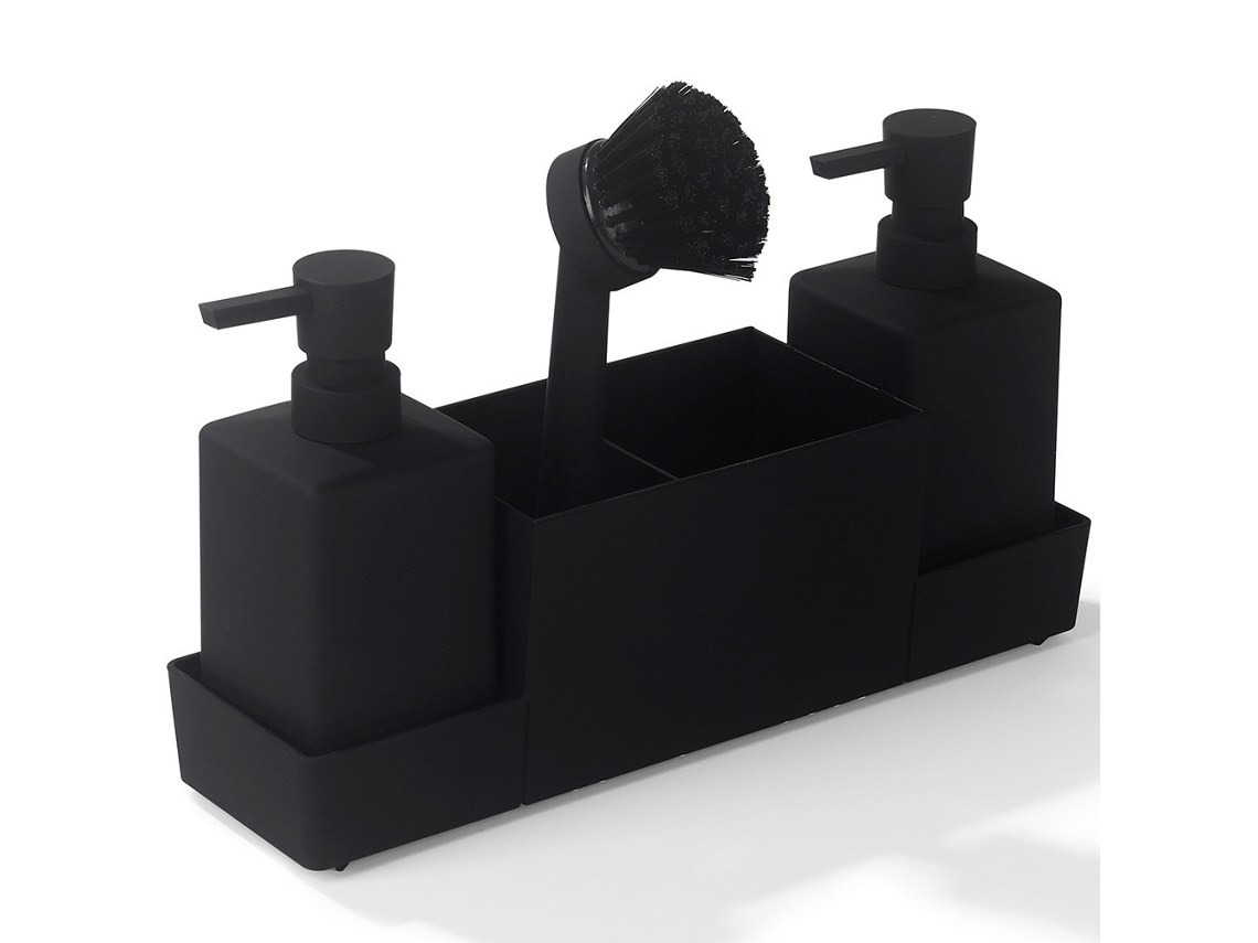 (negro) Juego De Dispensador De Jabón De Cocina Con Soporte Para Esponja, Adecuado Para Rejillas De Fregadero.