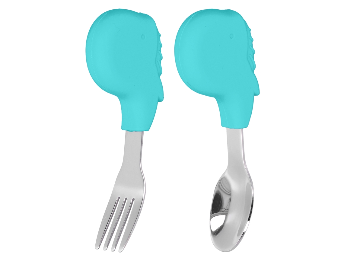 Juego de utensilios para bebé Kofihety de 2 piezas, tenedor y cuchara de acero inoxidable con forma de ballena verde