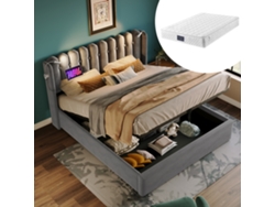 Cama De Terciopelo Gris De 160x200 Cm Con Cabecero, Iluminación Y Espacio De Almacenamiento, Colchón Incluido.