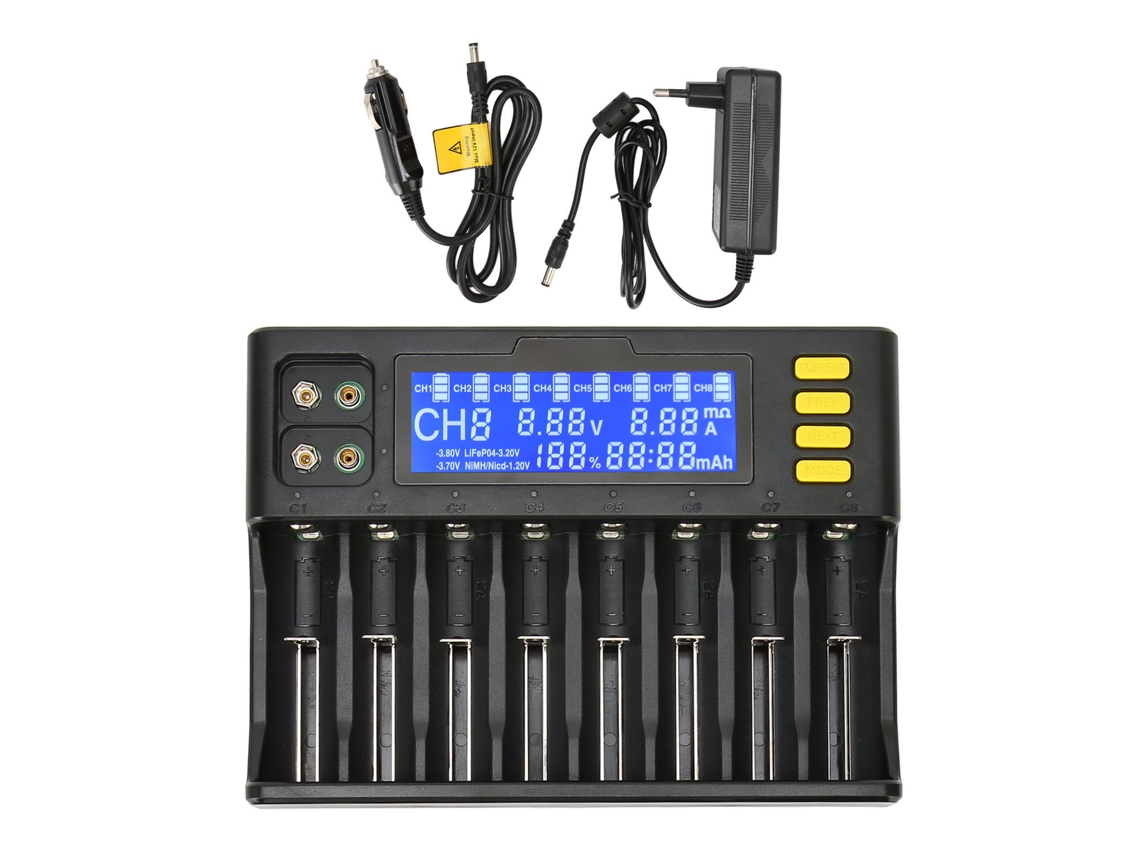 Cargador De Baterías De Litio Con 8 Ranuras Y Pantalla Lcd, Adaptador Para Coche Compatible Con Baterías Nimh 18650, 21700 Y 26650.