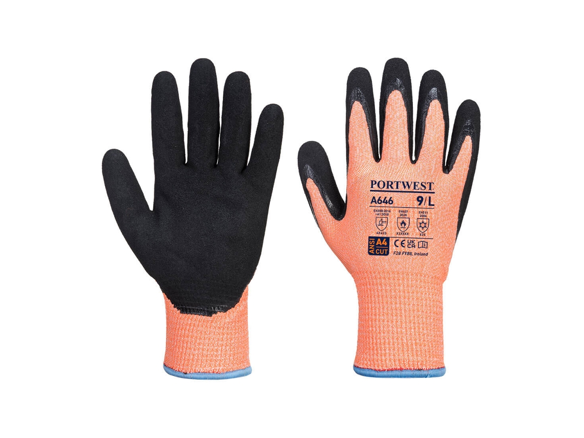 Guante de nitrilo Vis Tex Winter Cut D13, protección térmica y resistente a cortes, naranja y negro, talla M Portwest
