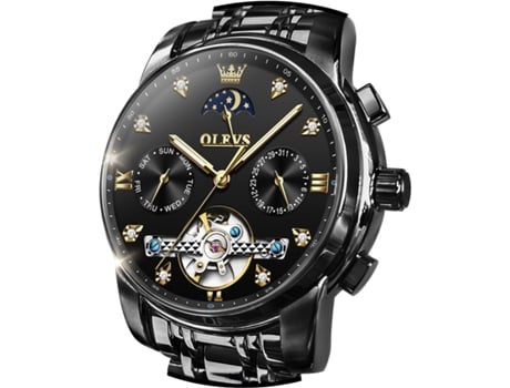 VEANXIN Reloj hueco automático para hombre Calendario clásico Reloj de acero inoxidable resistente al agua(negro)
