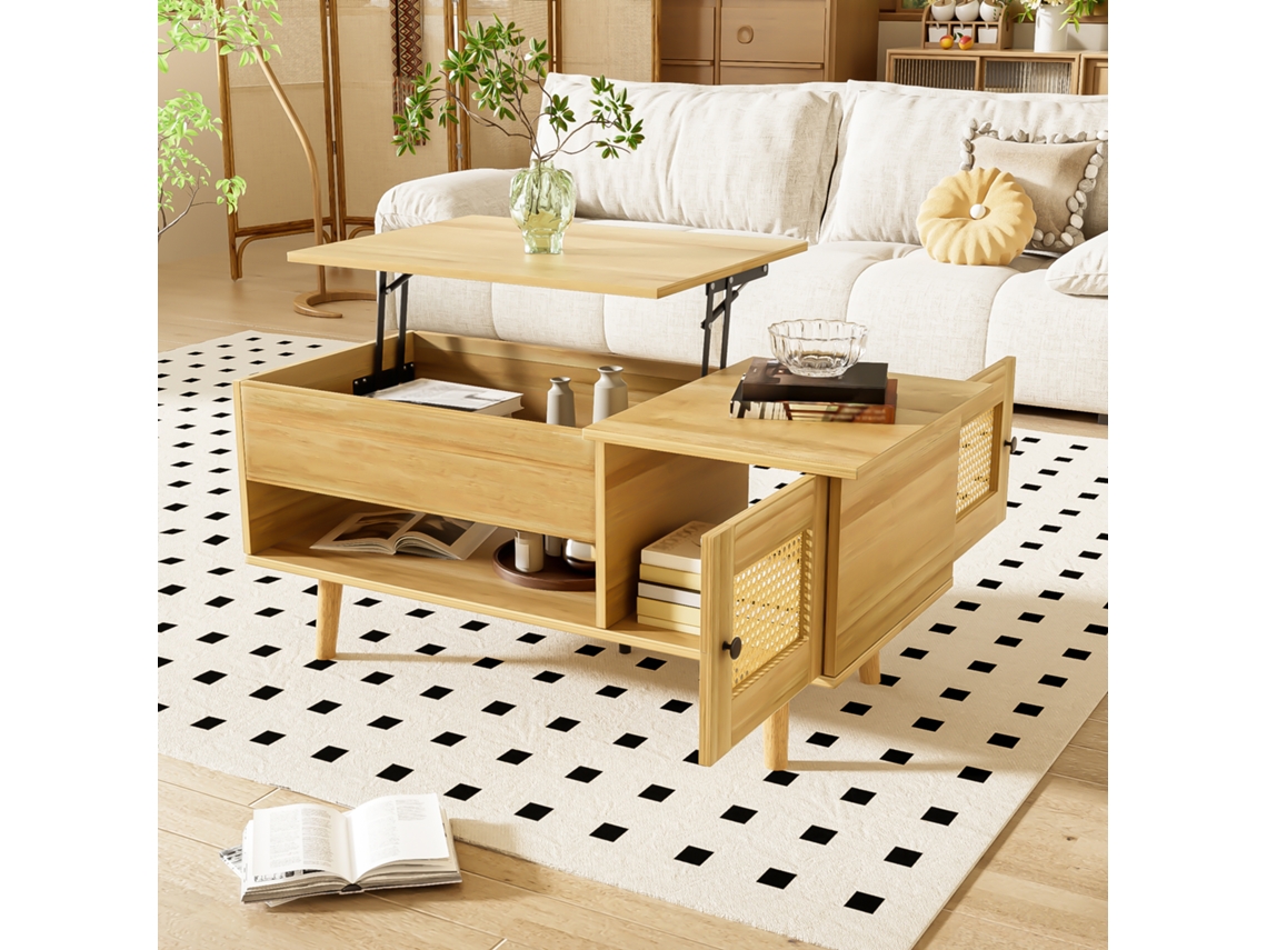 Elegante Mesa De Centro Con Tapa Elevable Y Puertas De Ratán, En Color Madera Con Detalles En Negro, Ideal Para El Salón.