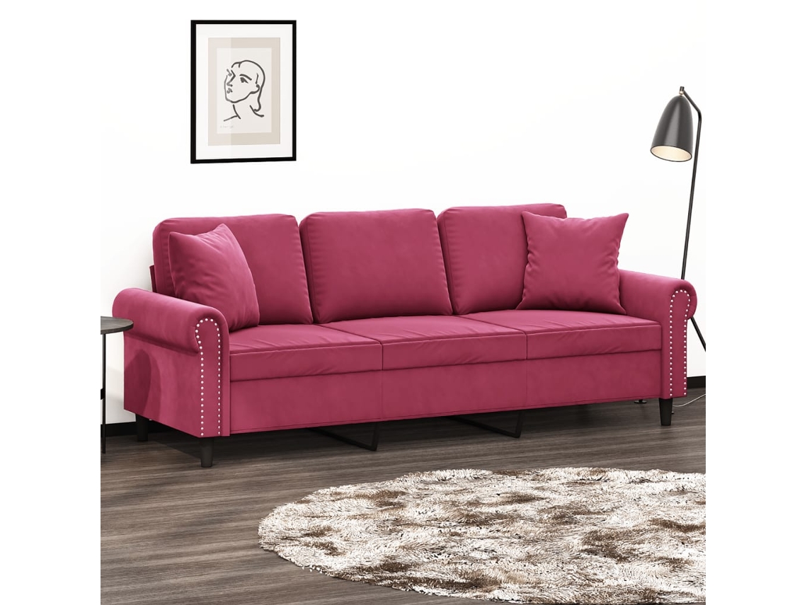 Sofá De 3 Plazas | Sofá De Salón | Sofá De Descanso Con Cojines Terciopelo Rojo Tinto 180 Cm Wsd778802