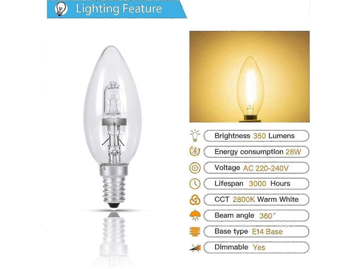 Bombillas Halógenas Tipo Vela De 28 W, Paquete De 5 Unidades, Ses E14, 350 Lúmenes, 230 V, Luz Blanca Cálida 2800 K.