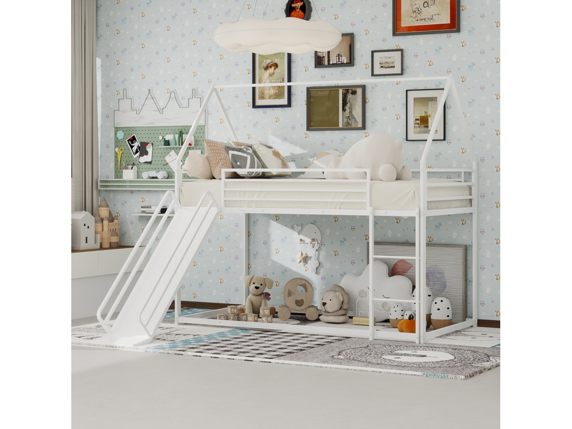 Litera Infantil Con Tobogán, Escalera Y Espacio De Almacenamiento, Fabricada En Mdf Y Pino Blanco.