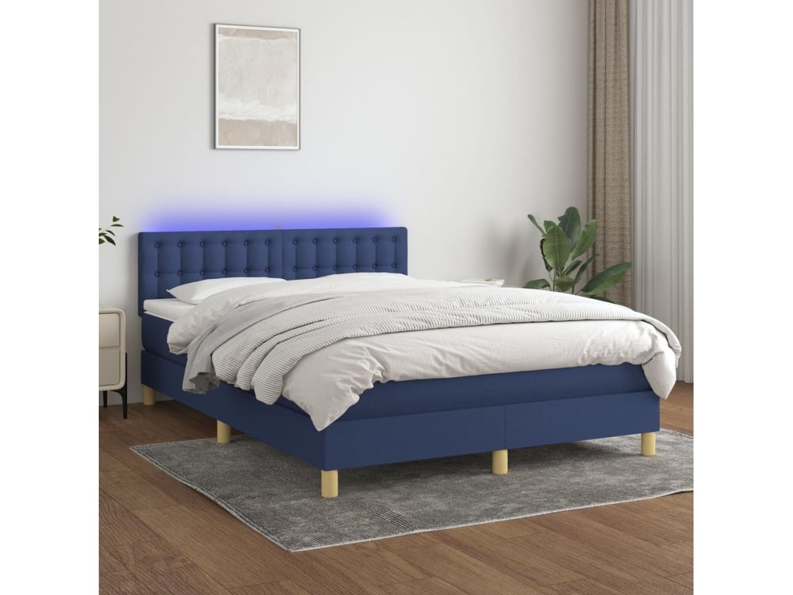 Cama Box Spring Con Colchón Y Led Tela Azul 140x200 Cm