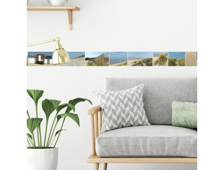 Friso Decorativo PLAGE Cerca del Mar, Dunas, Gaviotas y Cabañas de Madera 10 cm X 300 cm