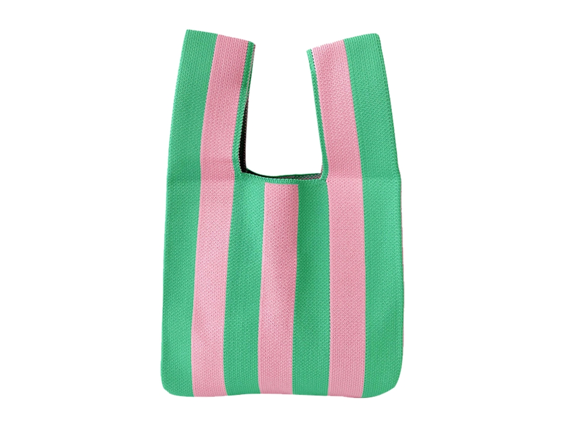 Bolsa De La Compra Con Estampado De Rayas, Gran Capacidad, Plegable, Reutilizable, Rosa Y Verde.