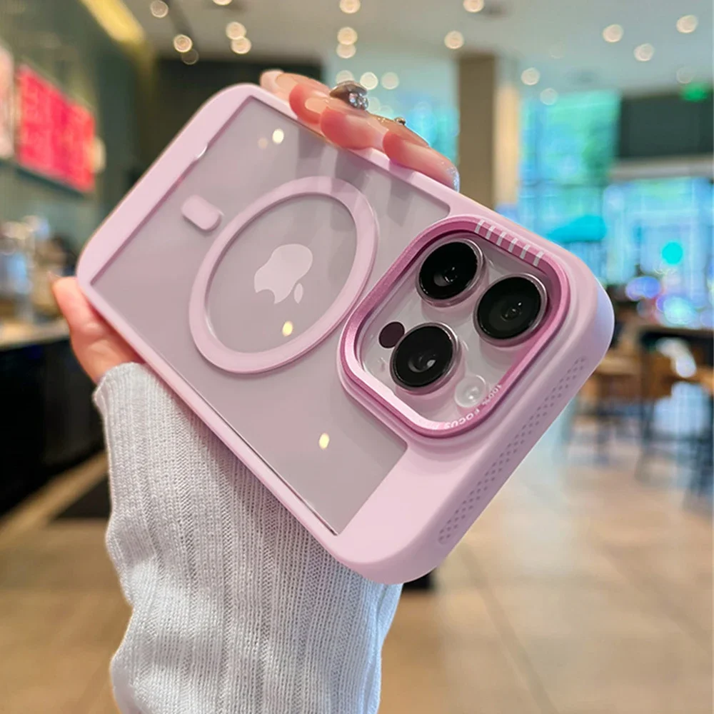 (iphone 12, Rosa) Funda Para Iphone Con Marco Disipador De Calor Magsafe, Cubierta Trasera Protectora De Acrílico Transparente.