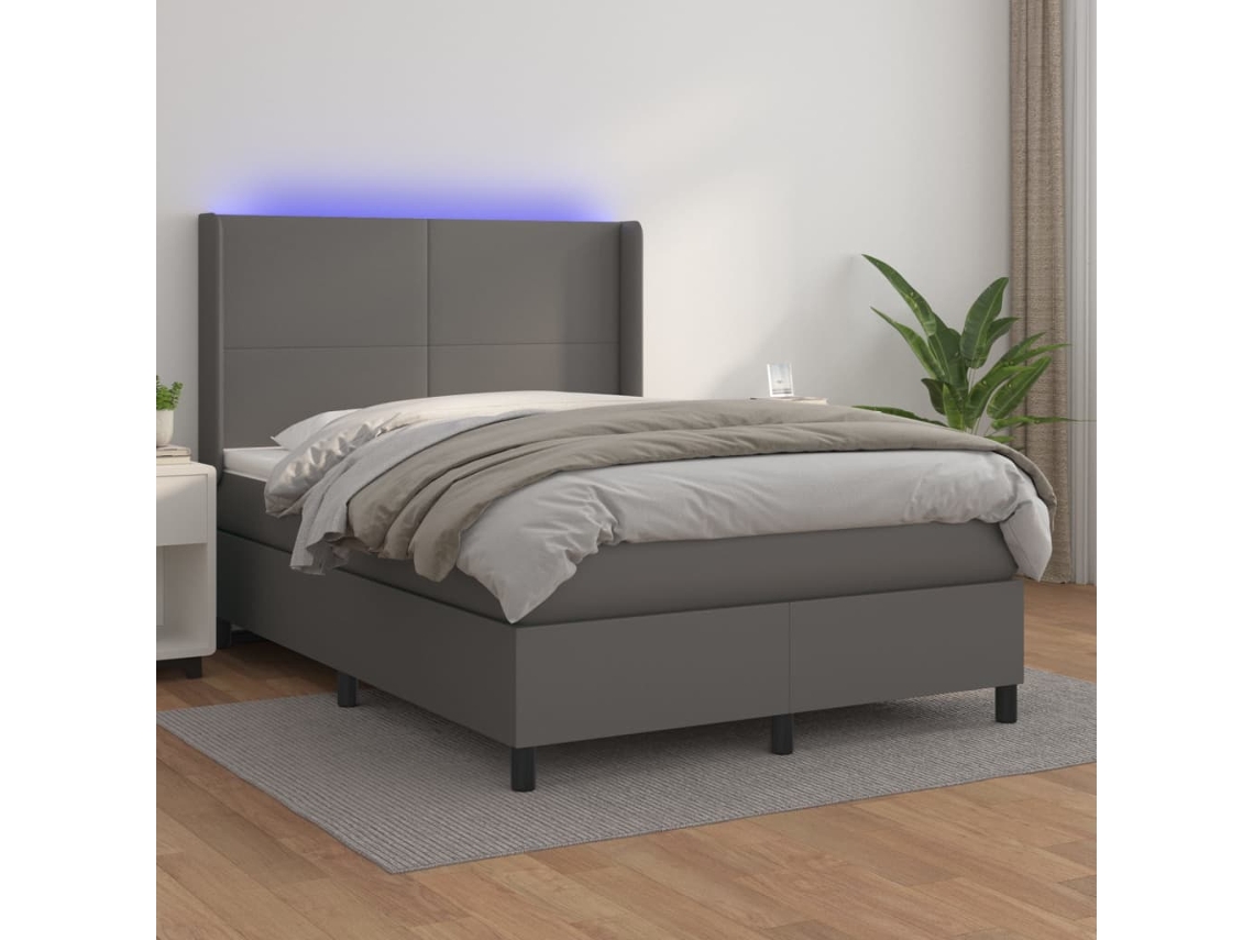Cama Box Spring Colchón Y Led Cuero Sintético Gris 140x200 Cm