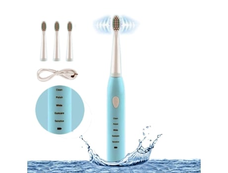 Cepillo de dientes eléctrico sónico, 4 cabezales de repuesto gratuitos incluidos Cepillo de dientes impermeable de carga rápida USB - Azul