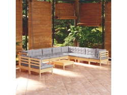 Conjunto de salón de jardín de 11 piezas con cojines grises en pino macizo DKD Home Decor